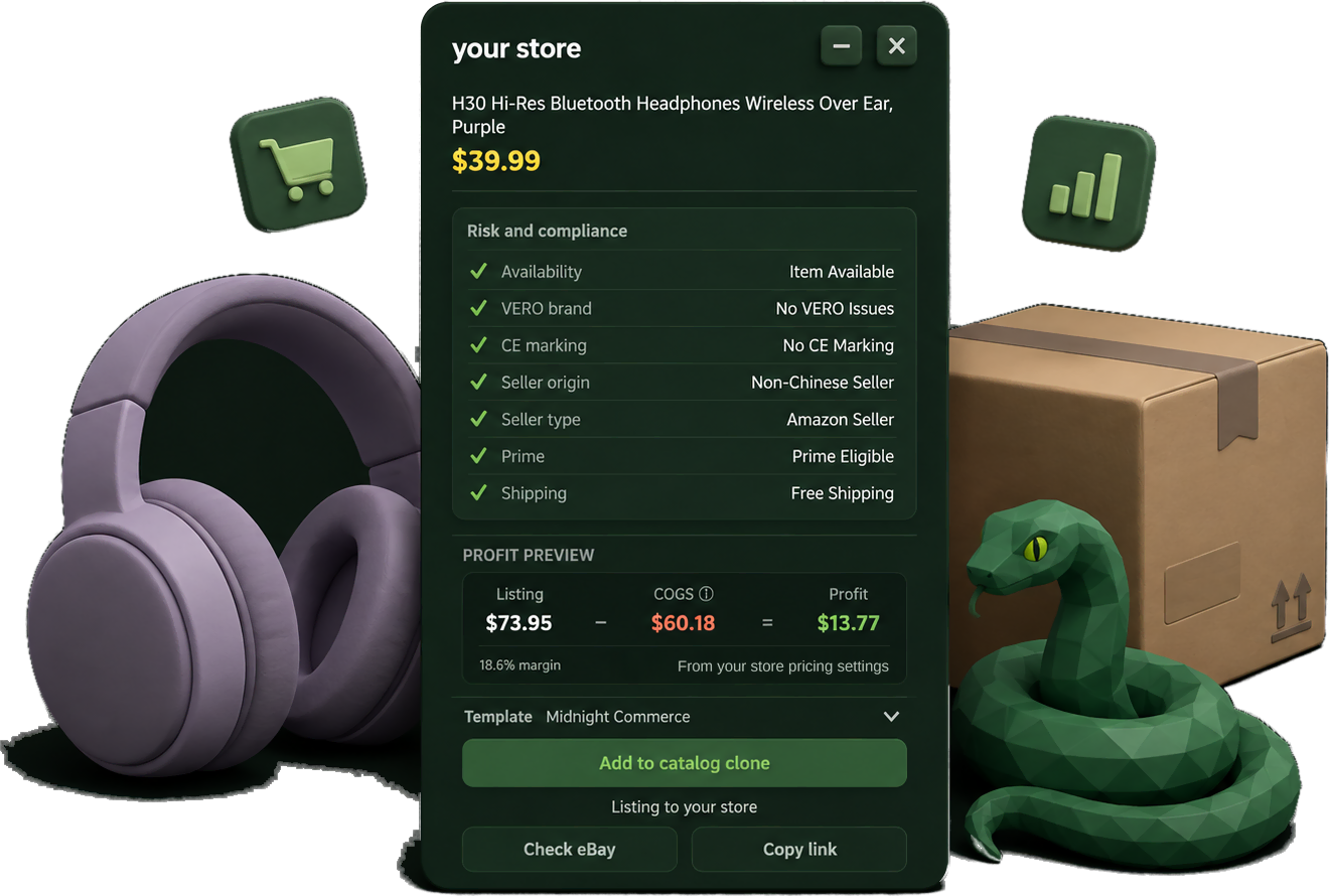 DropViper extension panel showing risk checks and profit preview