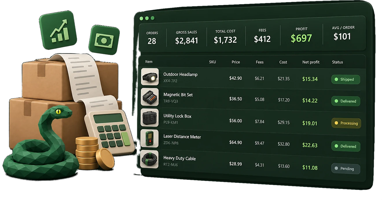 A list of eBay orders with the real cost, fees and profit on each one